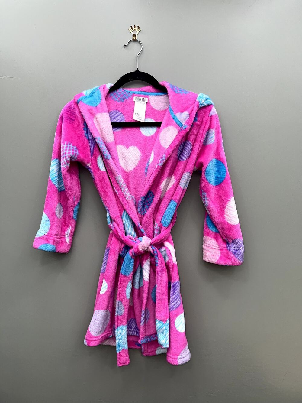 Komar Kids Plush Hooded Robe Pink Polka Dot Hearts Cozy Bathrobe Size 7/8